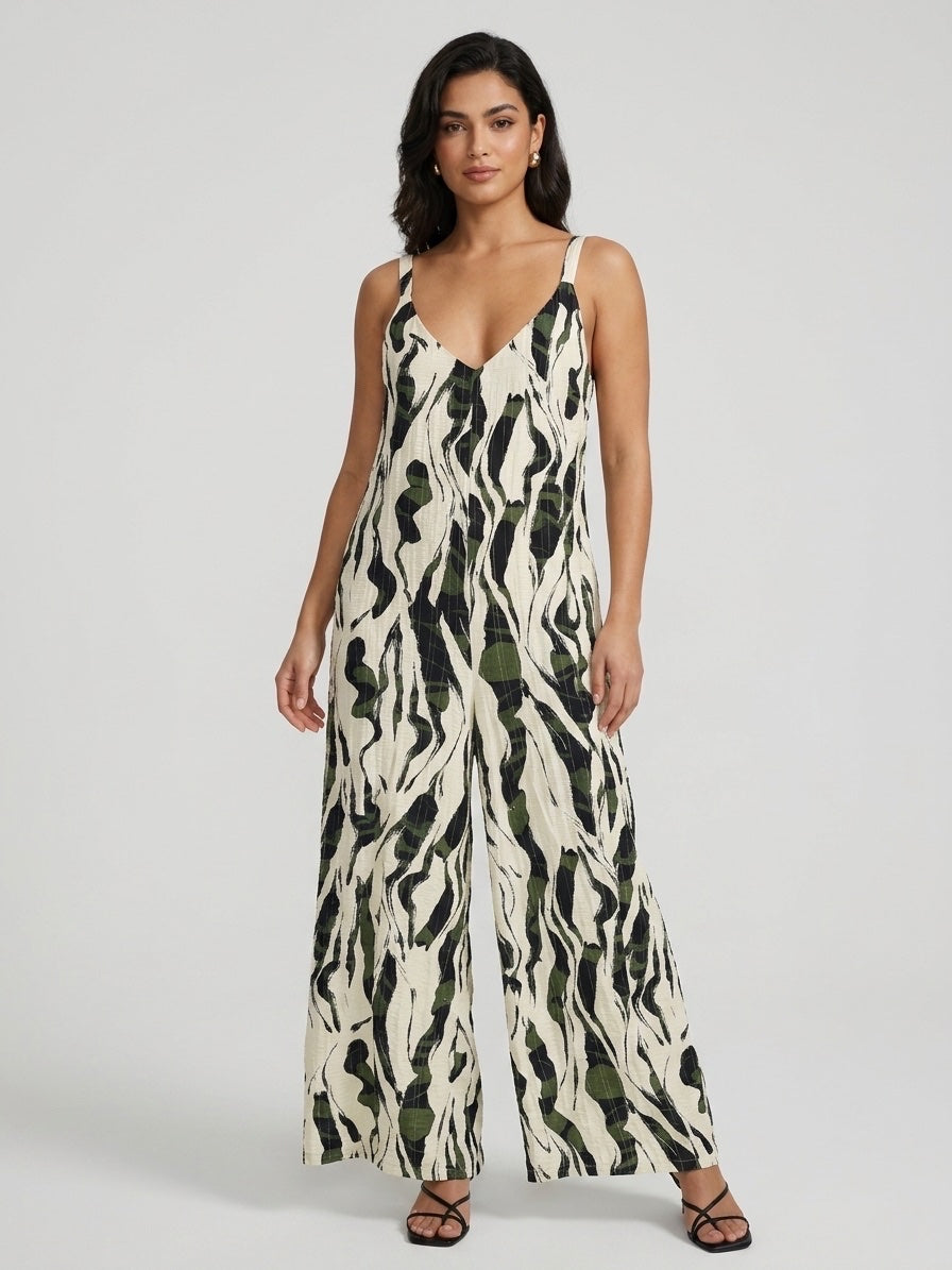 Abstract Print Wide-Leg Jumpsuit - Khaki