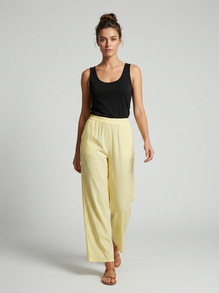 Crinkled Wide Leg Trousers - Yellow