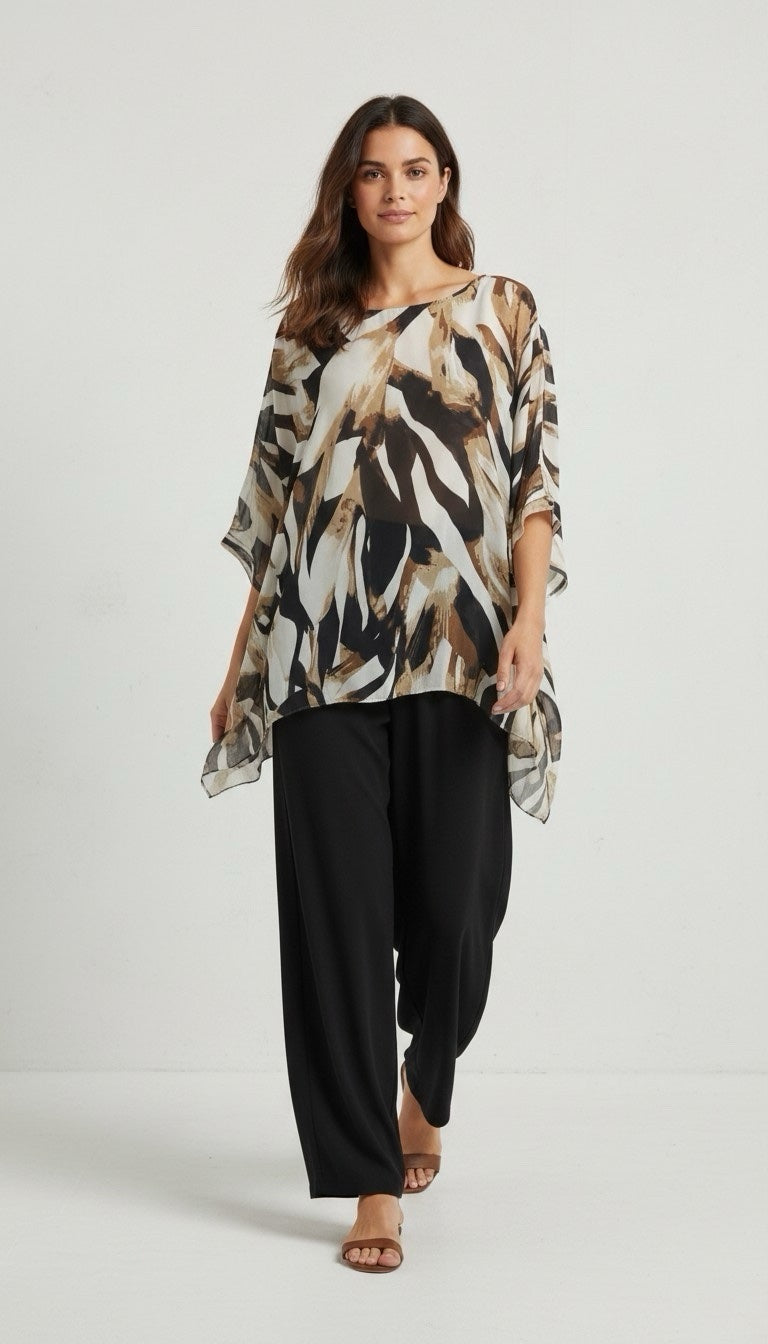 Leaf Print Tunic and Trouser Set - Black