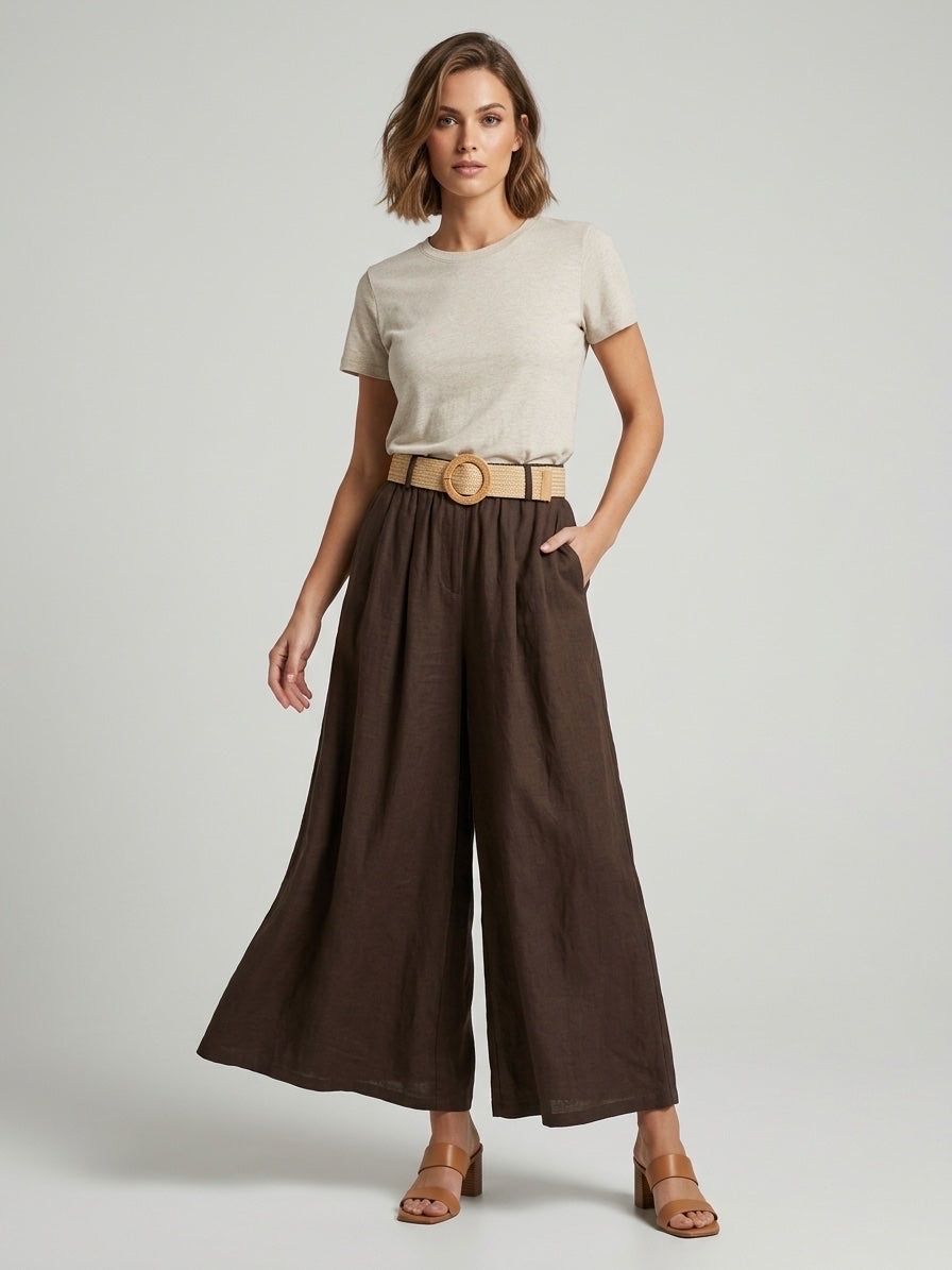 Linen Blend Wide Leg Trousers - Brown