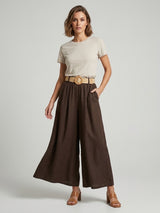 Linen Blend Wide Leg Trousers - Brown