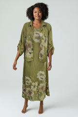 Floral Print Linen Dress and Jacket Set - Pistachio