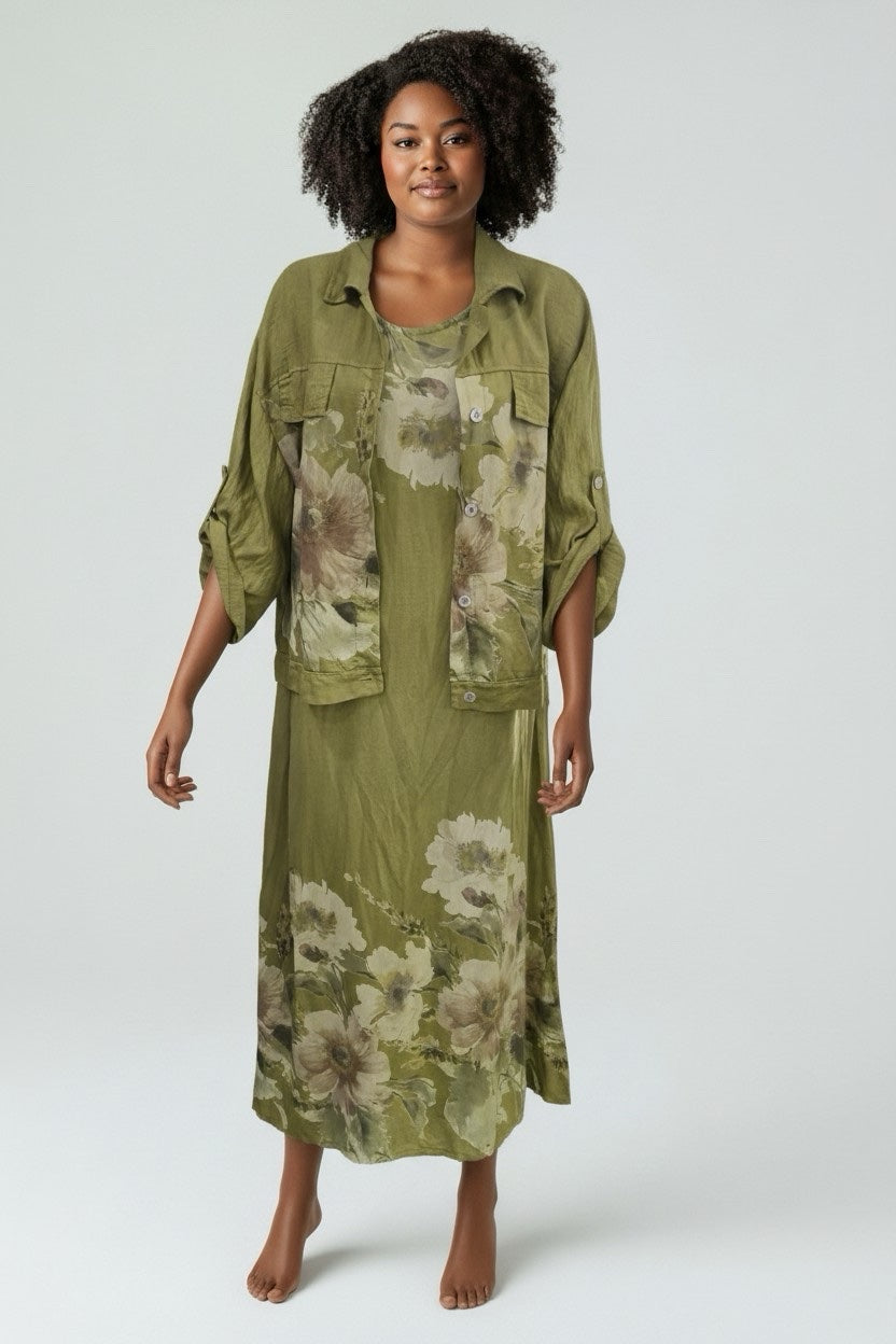 Floral Print Linen Dress and Jacket Set - Pistachio