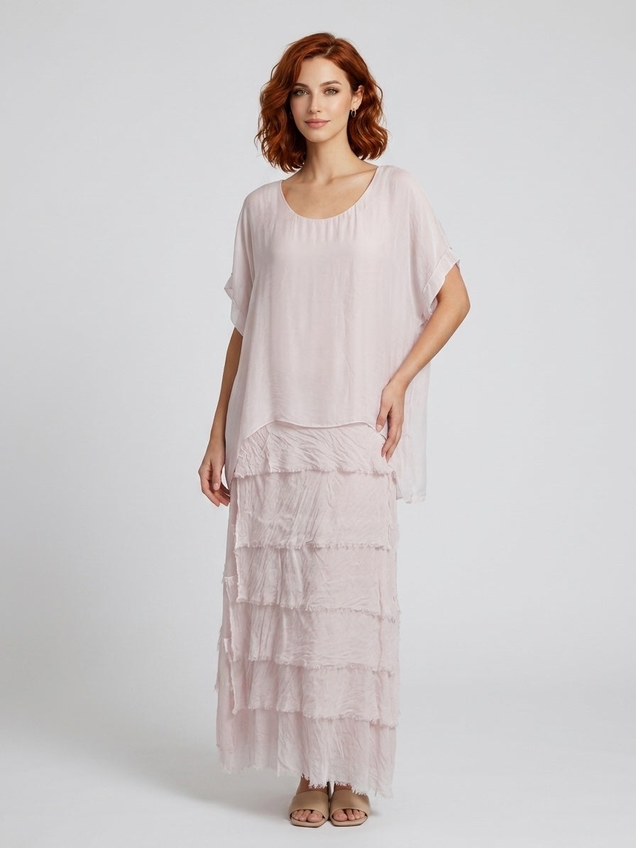 Tiered Maxi Skirt with Raw Hem - Light Pink