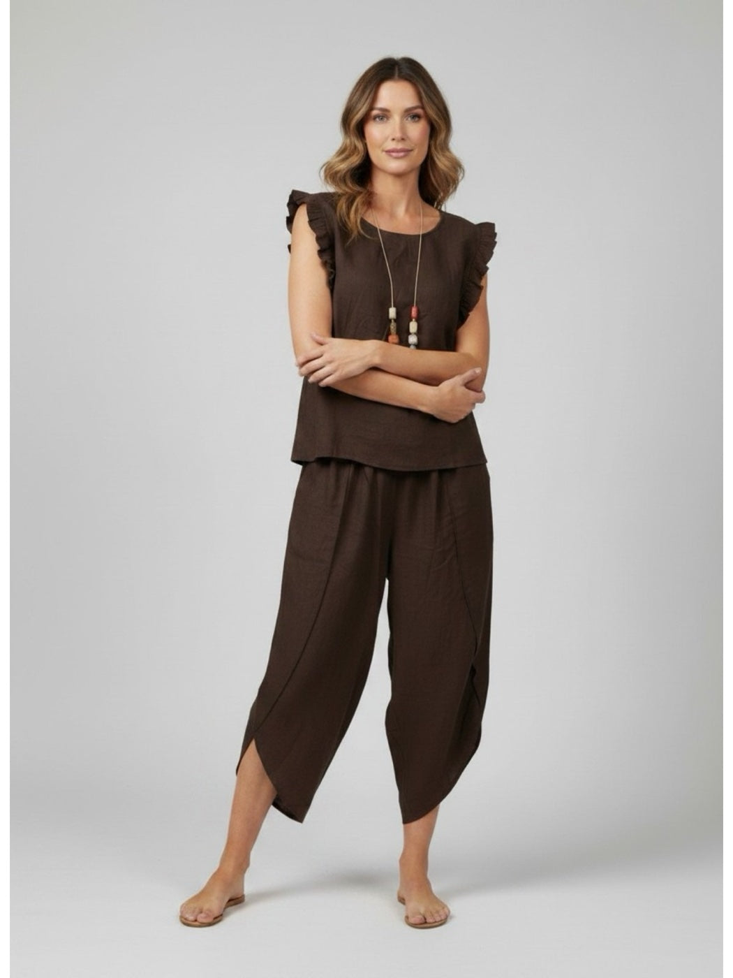 Ruffled Sleeve Set - Brown