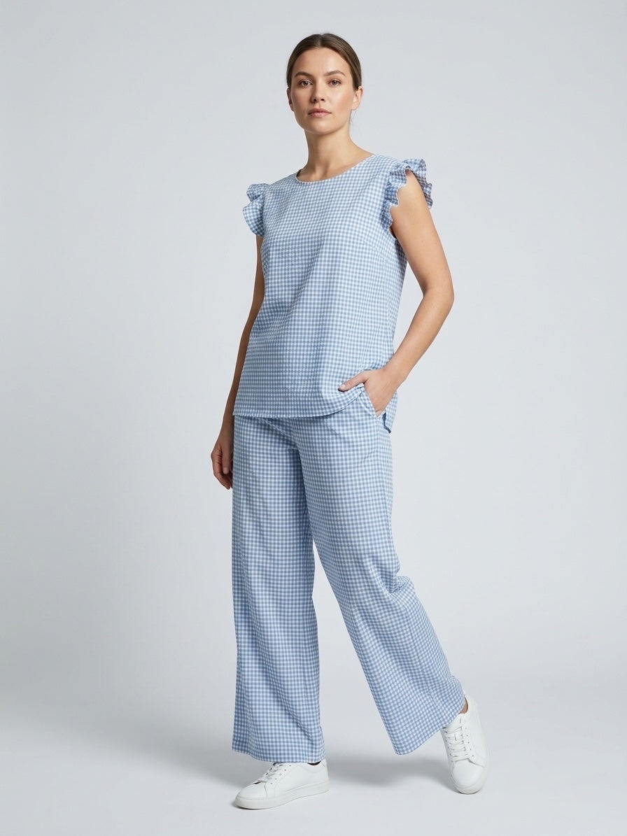 Gingham Ruffled Sleeve Set - Blue