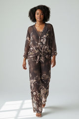 Floral Print Silk Set - Brown