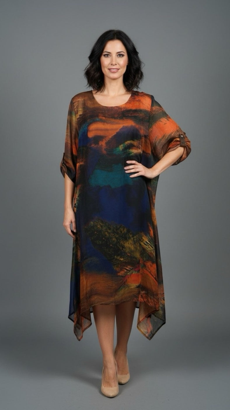 Abstract Print Chiffon Handkerchief Hem Dress - Rust104d