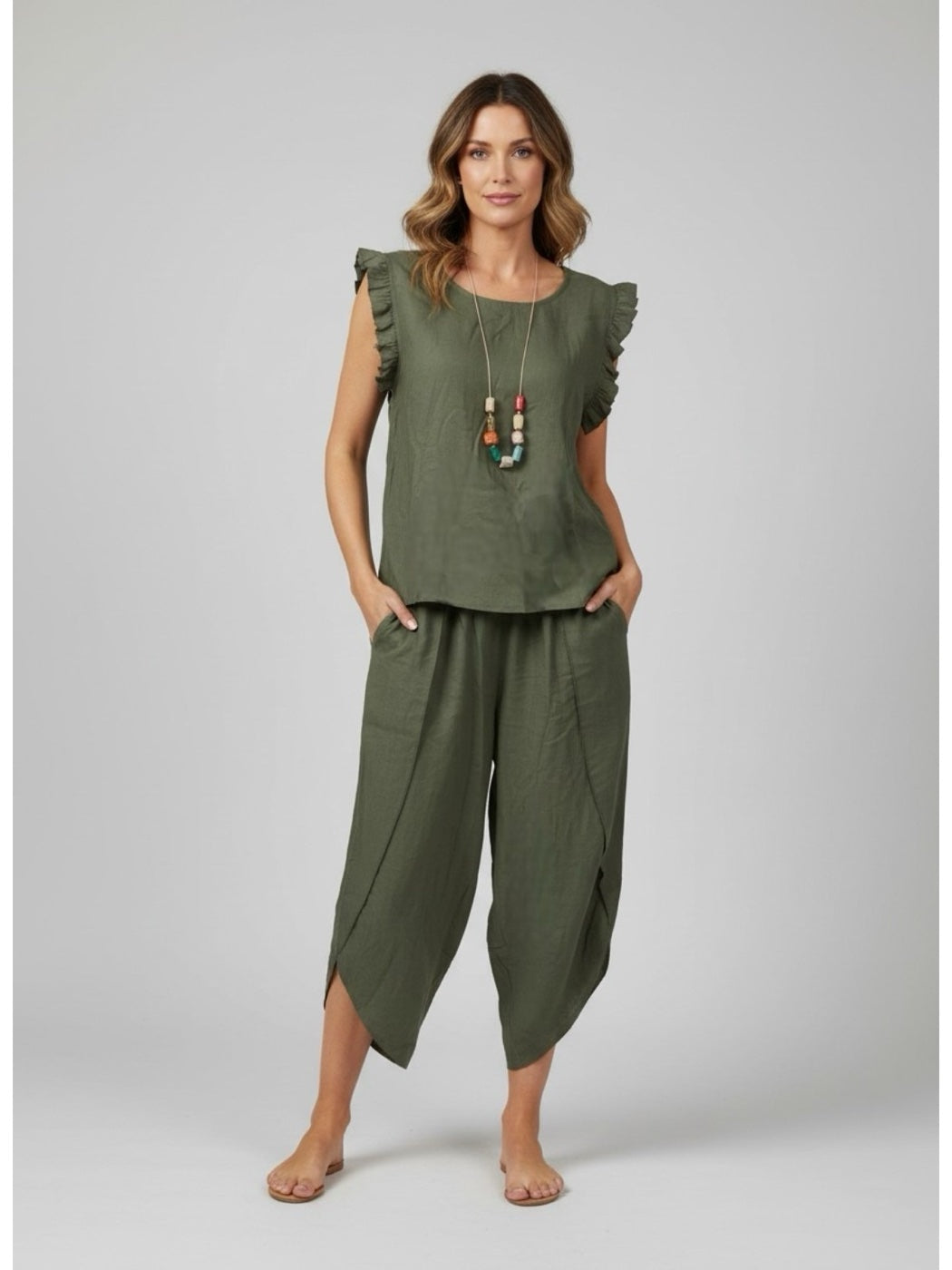 Ruffled Sleeve Set - Khaki