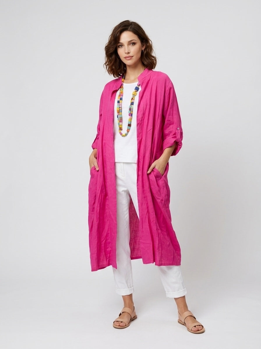 Flowing Linen Tunic Shirt - Fuchsia