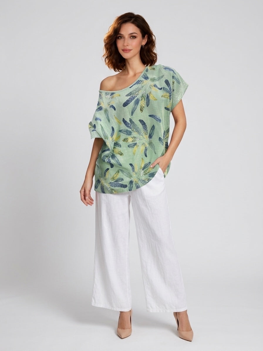 Artistic Feather Print Tunic - Light Mint