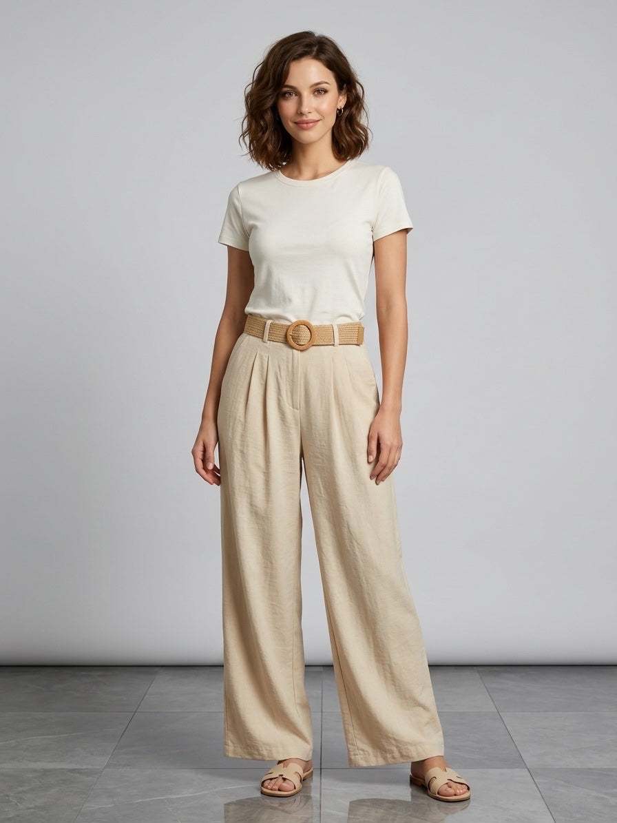 Linen Blend Wide Leg Trousers - Beige