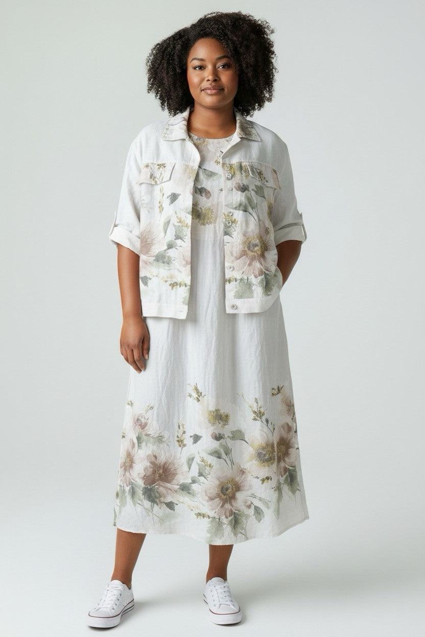 Floral Print Linen Dress and Jacket Set - White