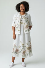 Floral Print Linen Dress and Jacket Set - White
