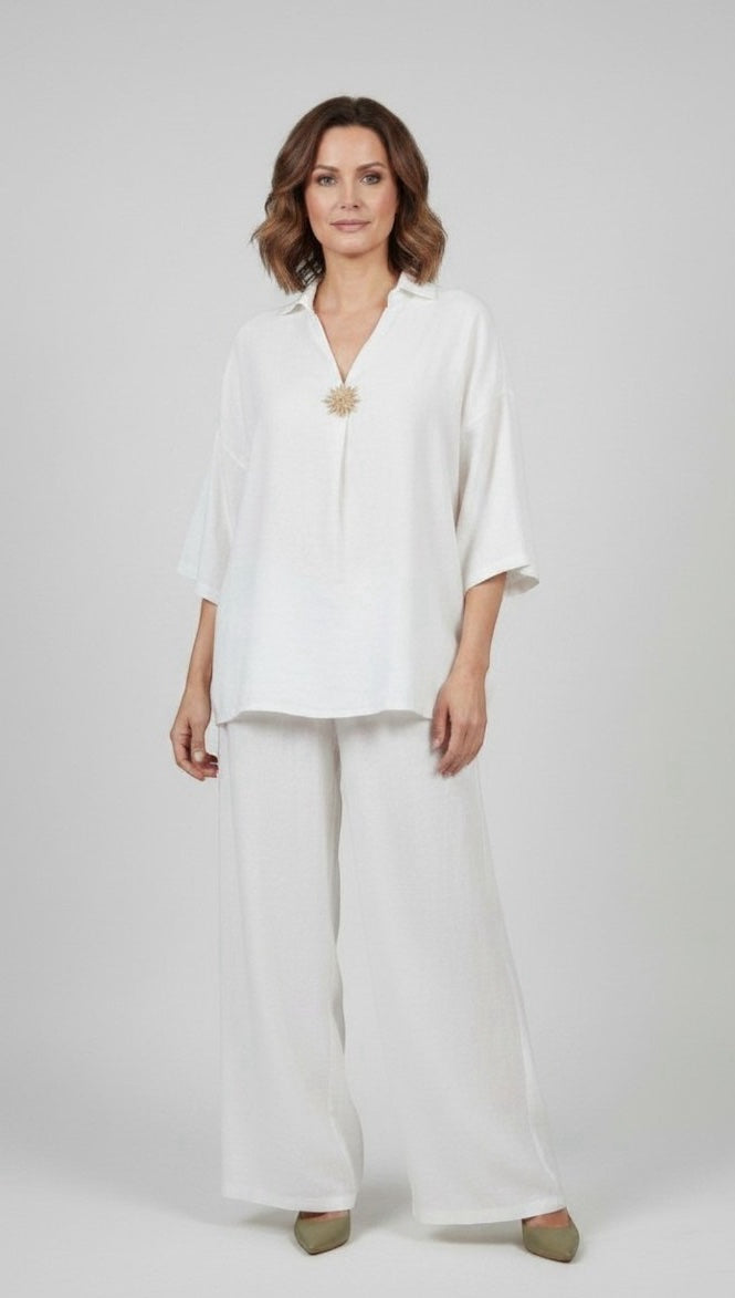 Wide-Leg Trouser Set with Embellished Collared Top - White