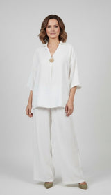 Wide-Leg Trouser Set with Embellished Collared Top - White
