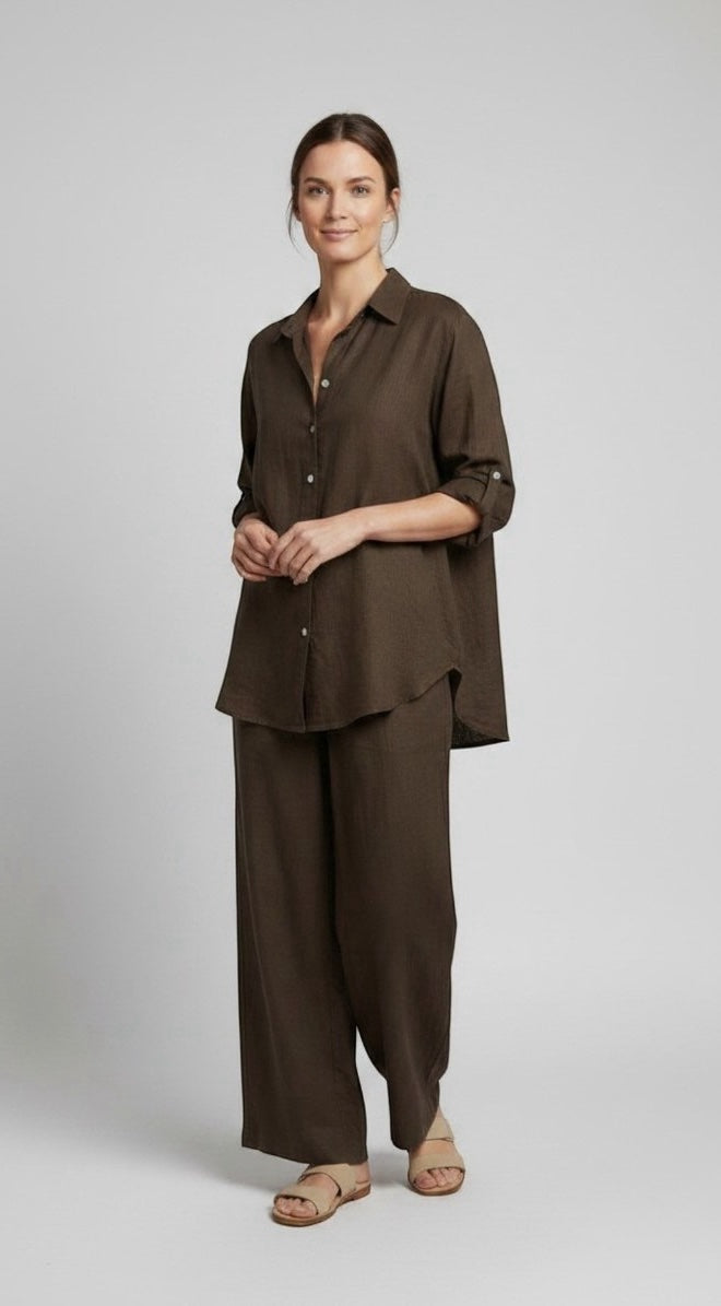 Relaxed Linen Blend Shirt and Trouser Set - Brown