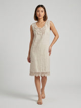 Linen Dress with Crochet & Pearl Embellishments - Beige