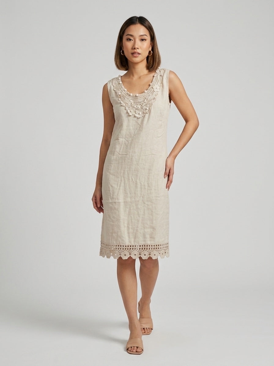 Linen Dress with Crochet & Pearl Embellishments - Beige