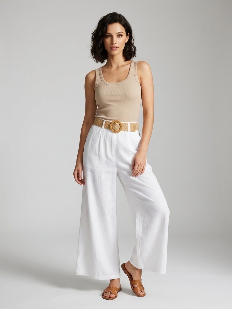Linen Blend Wide Leg Trousers - White