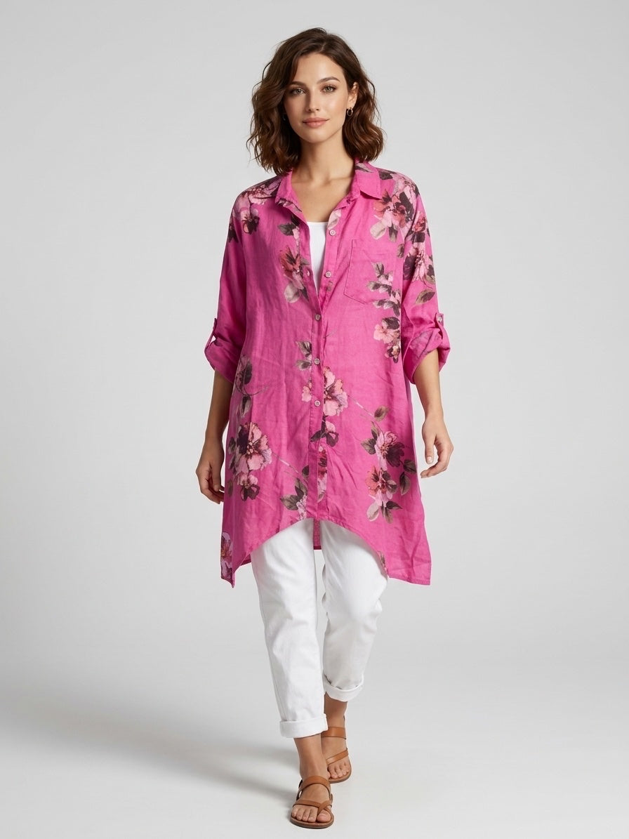 Floral Print Linen Tunic Shirt - Fuchsia Flower