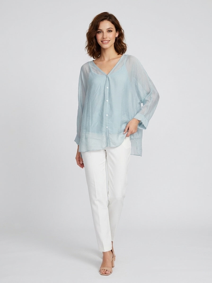 Sheer Crinkled V-Neck Blouse - Mint