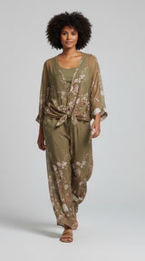 Floral Print Silk Set - Khaki