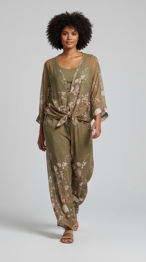 Floral Print Silk Set - Khaki