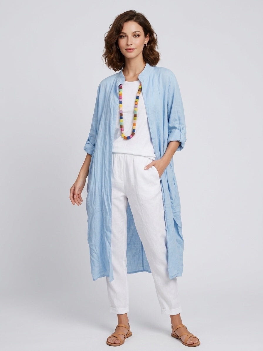 Flowing Linen Tunic Shirt - Sky Blue