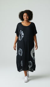 Smocked Bodice Midi Dress - Black