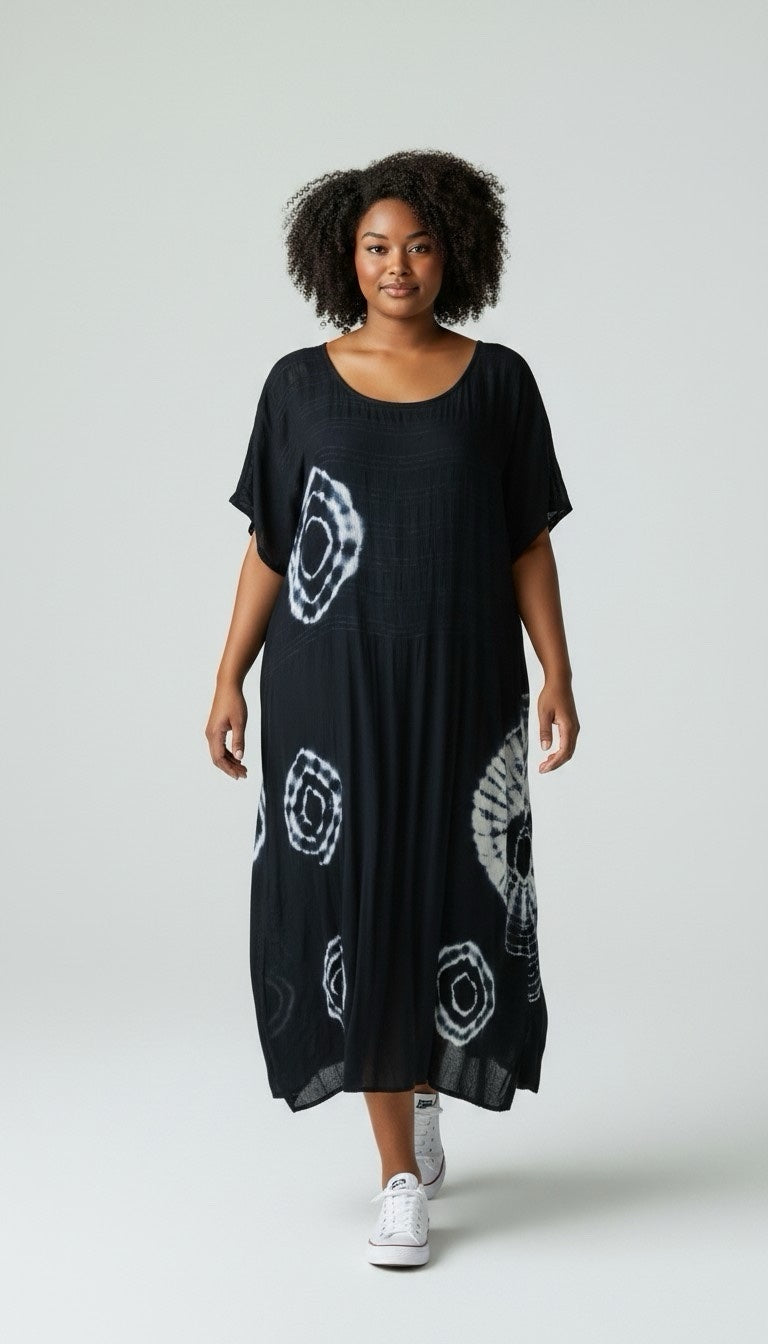 Smocked Bodice Midi Dress - Black