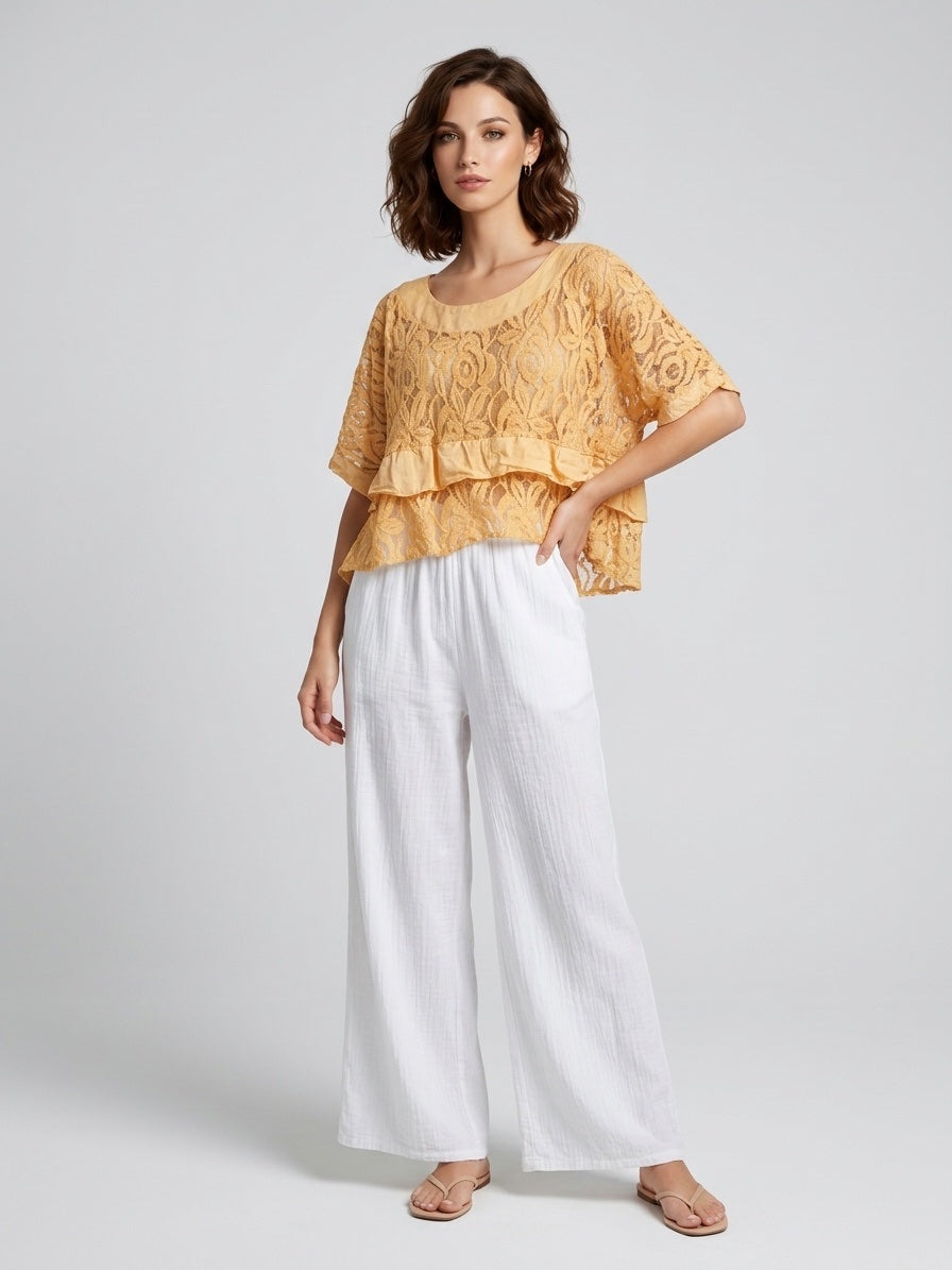 Embroidered Lace Tiered Top - Light Camel
