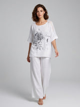 Rose Print Laser Cut Top - White
