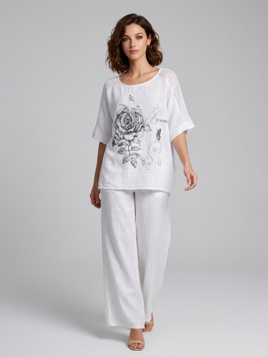 Rose Print Laser Cut Top - White