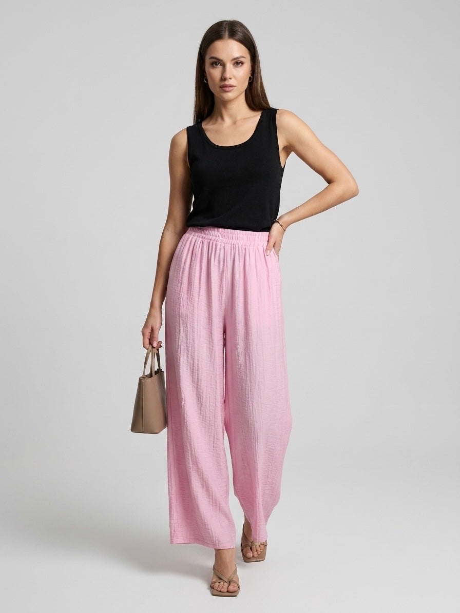 Crinkled Wide Leg Trousers - Pink