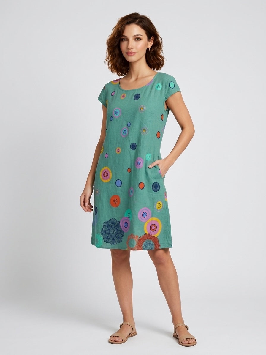 Abstract Circle Print Linen Dress - Teal