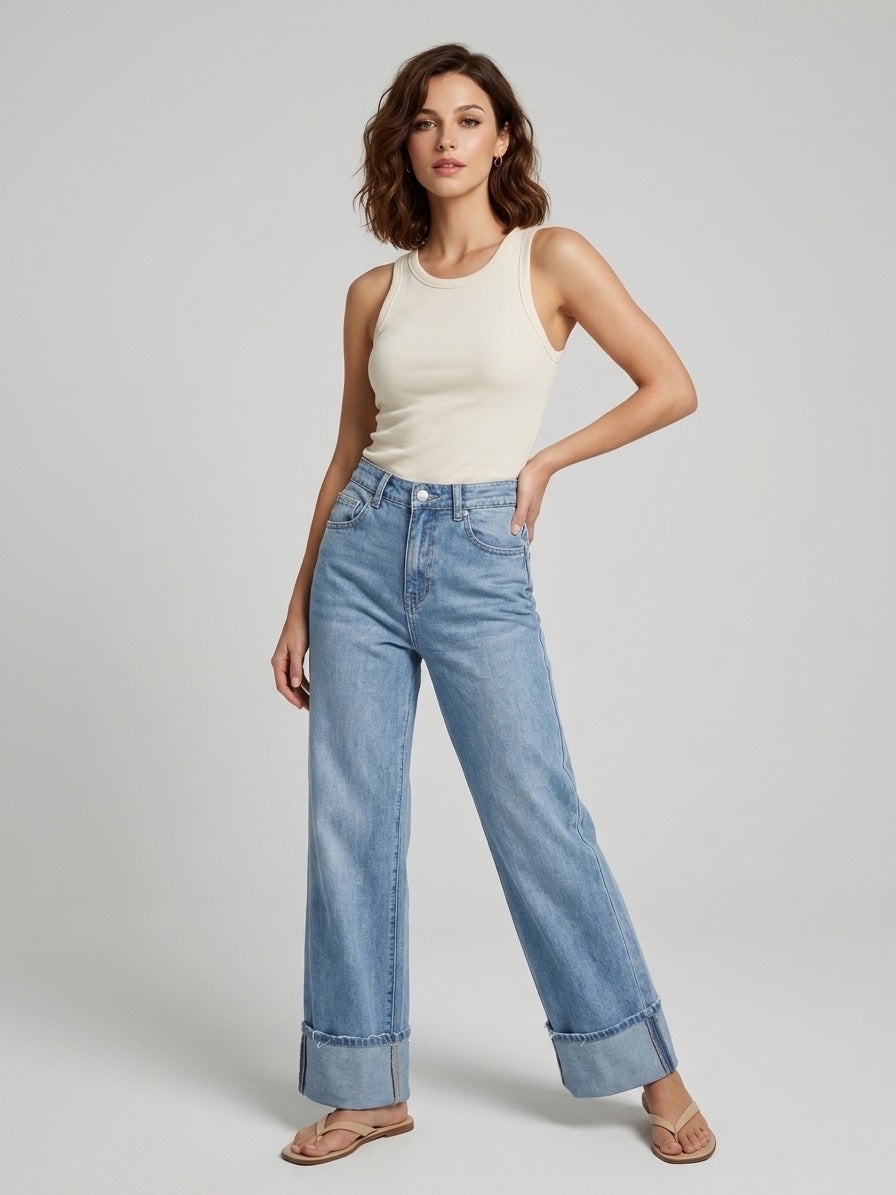 Wide-Leg Cuffed Jeans - Denim