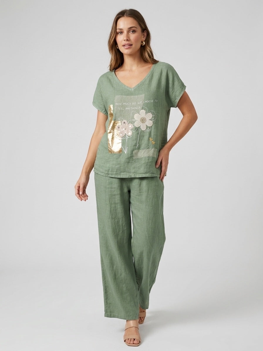 Linen Set with Floral Embellished Tee and Wide-Leg Trousers - Khaki