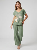 Linen Set with Floral Embellished Tee and Wide-Leg Trousers - Khaki
