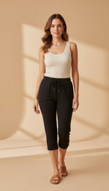 Sporty Drawstring Capri Pants - Black