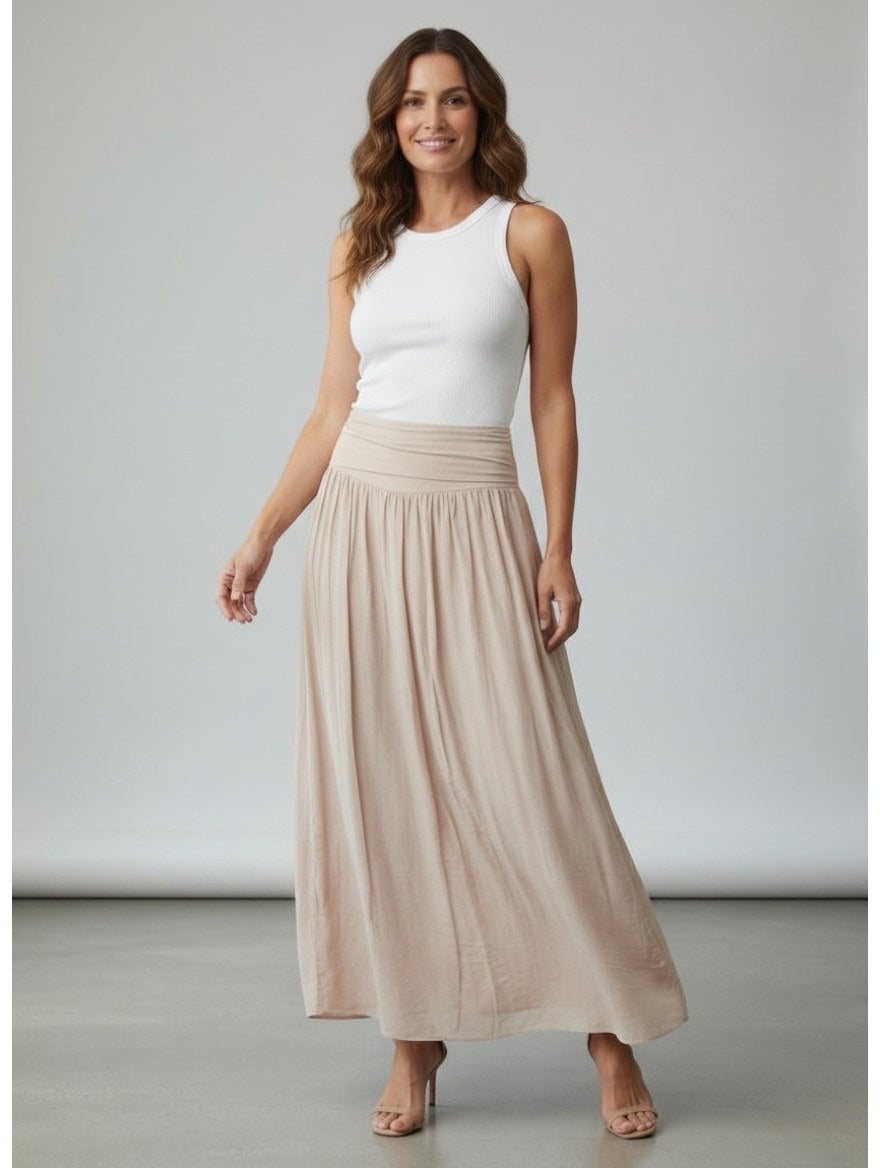 Smocked Waist Maxi Skirt - Beige