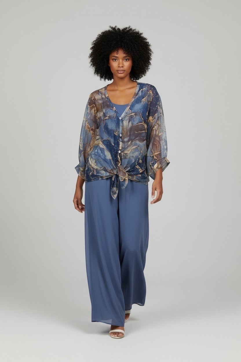 Marble Print Oversized Shirt - Denim