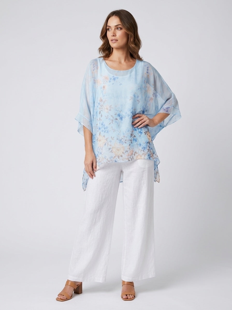 Floral Print Sheer Kaftan Top - Sky Blue