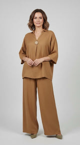 Wide-Leg Trouser Set with Embellished Collared Top - Camel