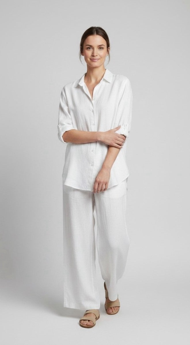 Relaxed Linen Blend Shirt and Trouser Set - White