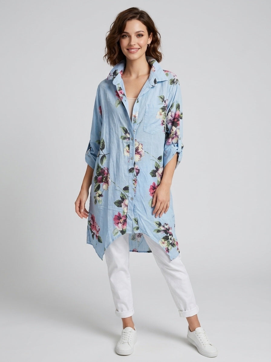 Floral Print Linen Tunic Shirt - Sky Blue Flower