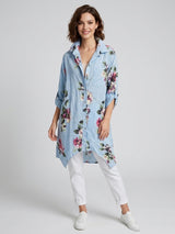 Floral Print Linen Tunic Shirt - Sky Blue Flower