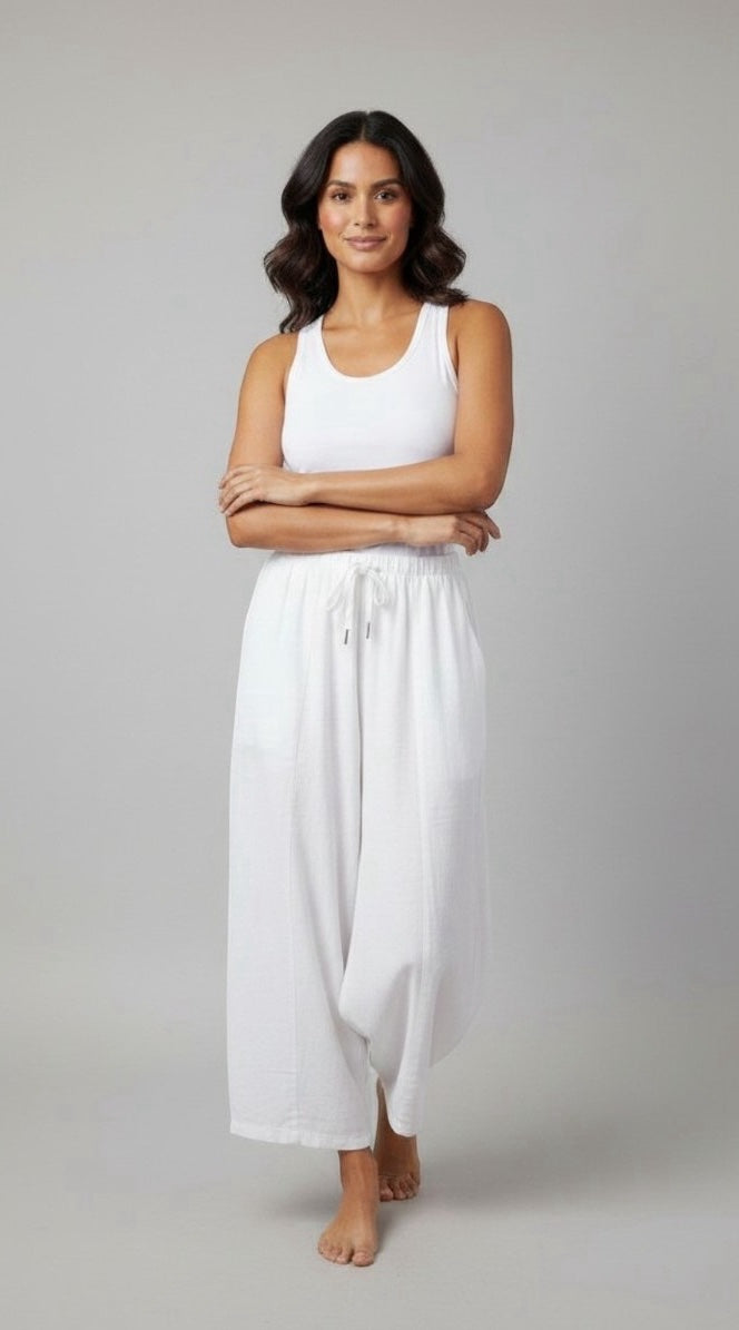 Flowing Wide-Leg Linen Blend Pants - White