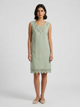 Linen Dress with Crochet & Pearl Embellishments - Light Sage