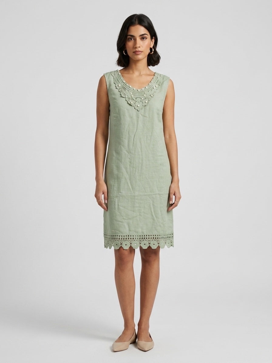 Linen Dress with Crochet & Pearl Embellishments - Light Sage